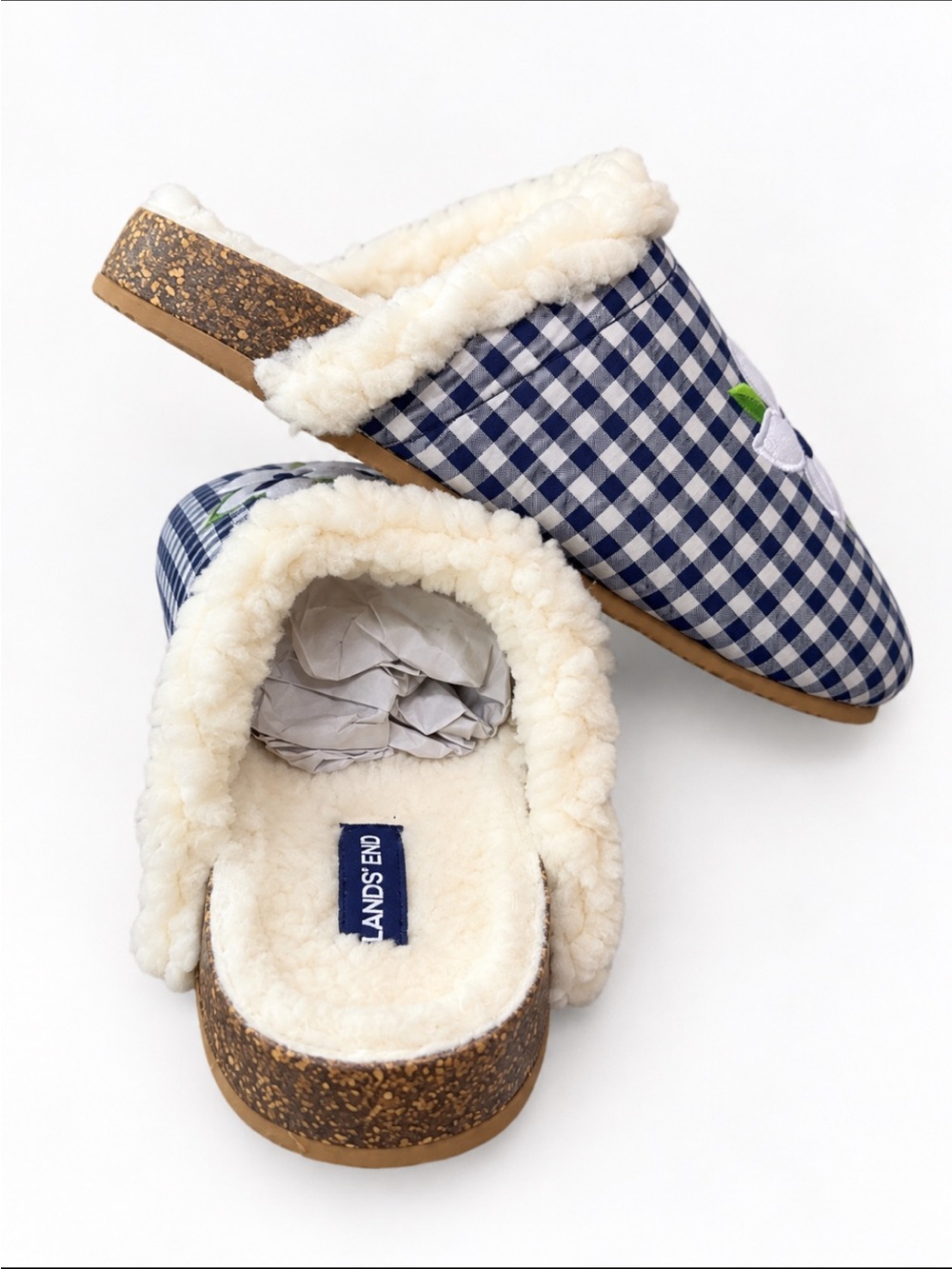 LandsEnd x Draper James Womens Scuff Slippers Warm Sherpa Lined Gingham & Clover - Picture 3 of 4